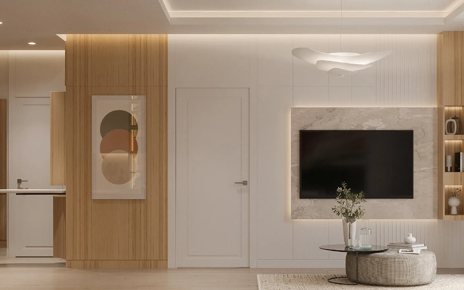Elysium Residence Cubuklu living-room wall and natural material detail